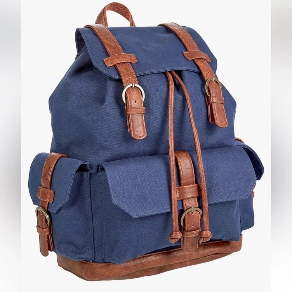 Rutland Navy and Brown Canvas Backpack EUC